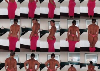 Melanie Bauer en Sexy Vestido Rosa Stripping Sensual en la Cama OnlyFans Exclusivo